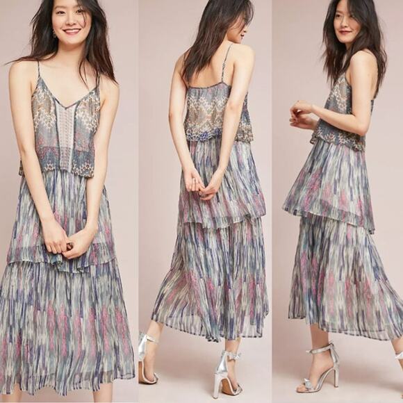 Anthropologie Dress Meadow Rue Boho Josie Tiered Maxi Fairy Multi Bohemian Sz 10 - Picture 2 of 10